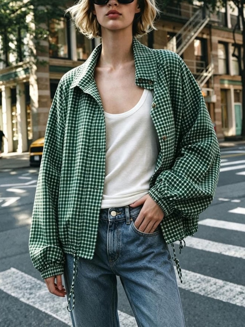 Oversized Cropped Gingham Jacket - M